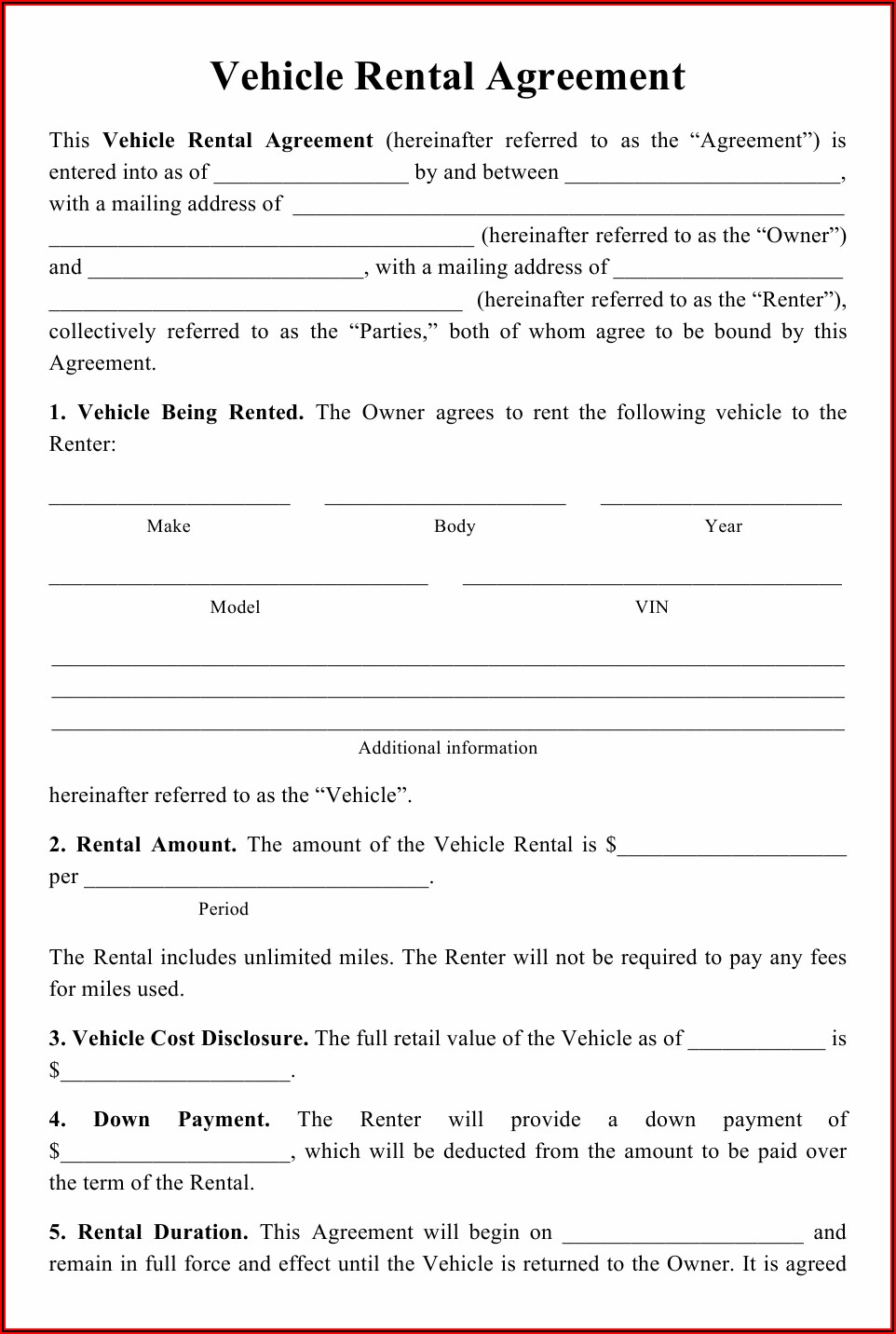 Blank Printable Car Rental Agreement Form