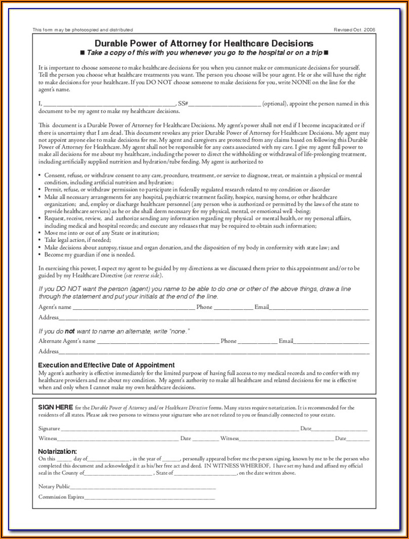 California Durable Power Of Attorney For Health Care Form
