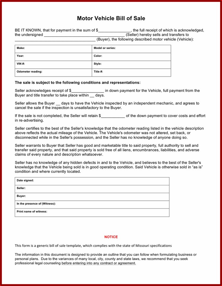 Download Vehicle Bill Of Sale Form