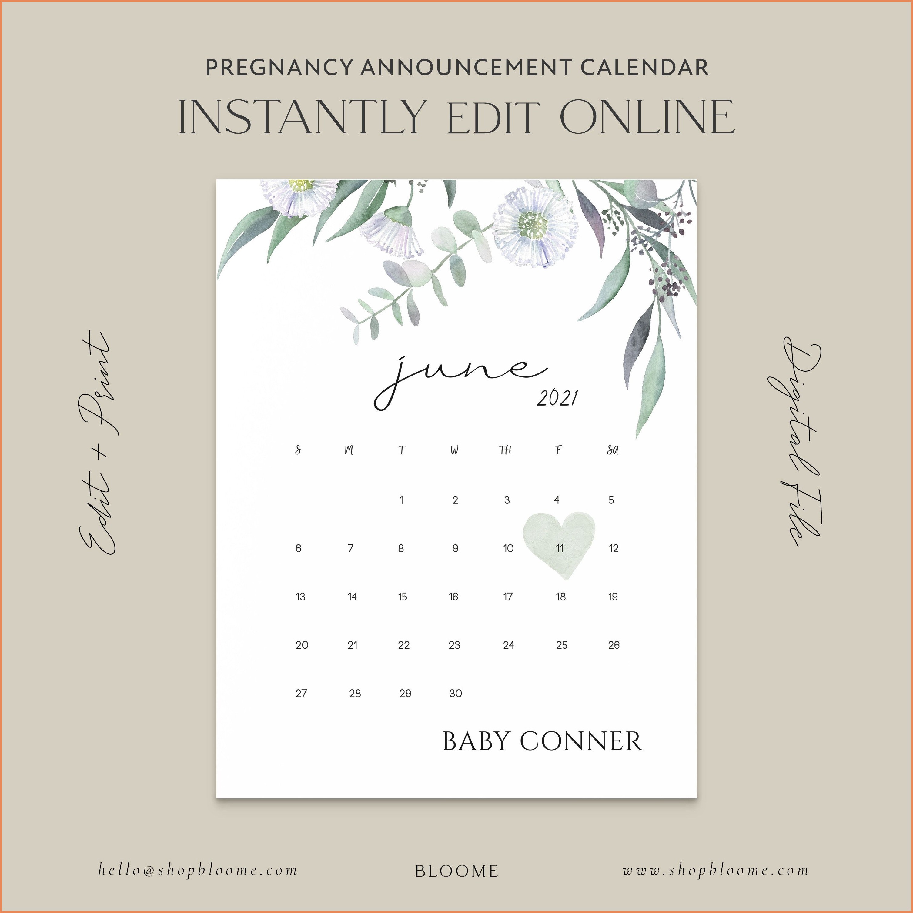 Free Printable Pregnancy Announcement Calendar June 2020