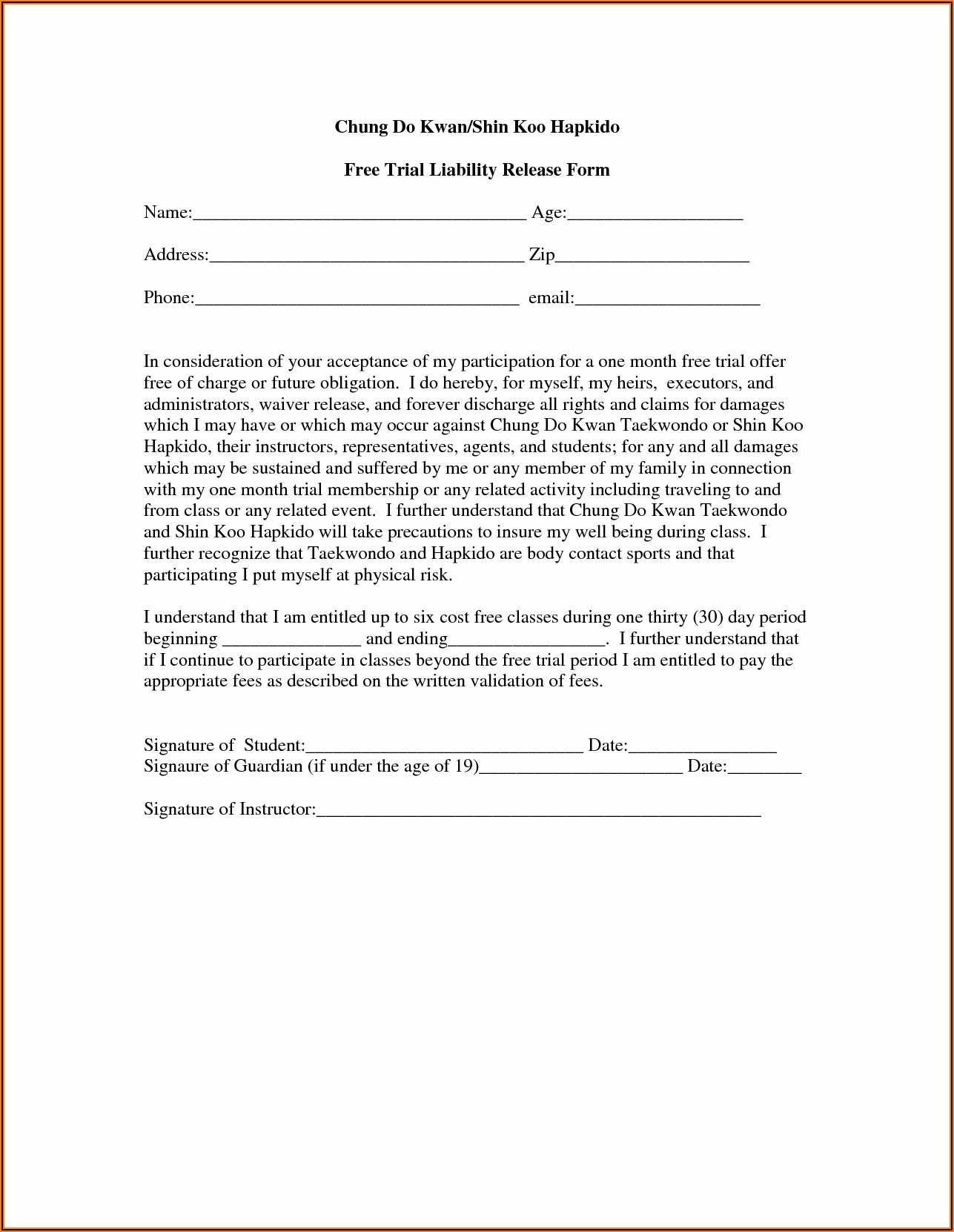Free Printable Trampoline Waiver Form