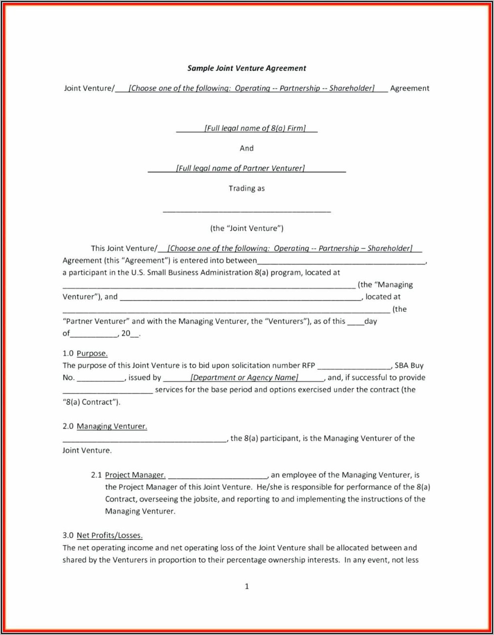 Free Simple Joint Venture Agreement Template