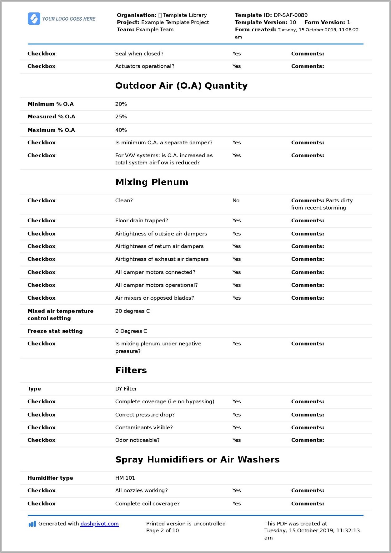 Hvac Maintenance Checklist Form Pdf