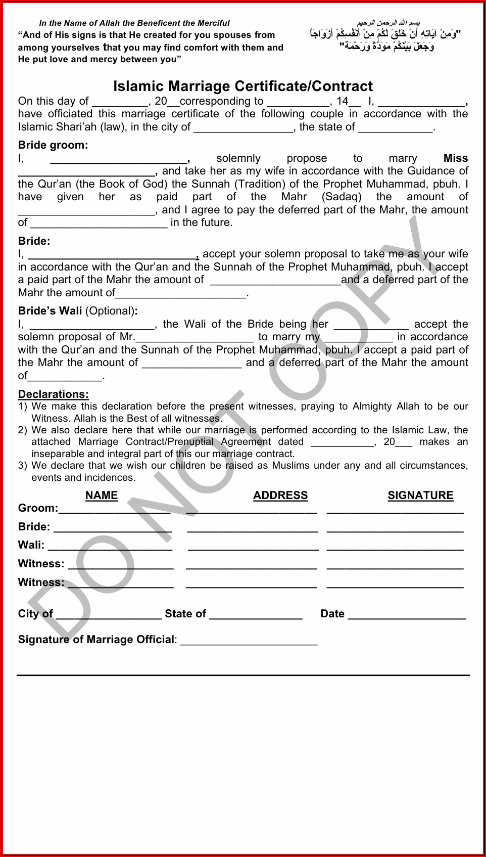Muslim Marriage Contract Template