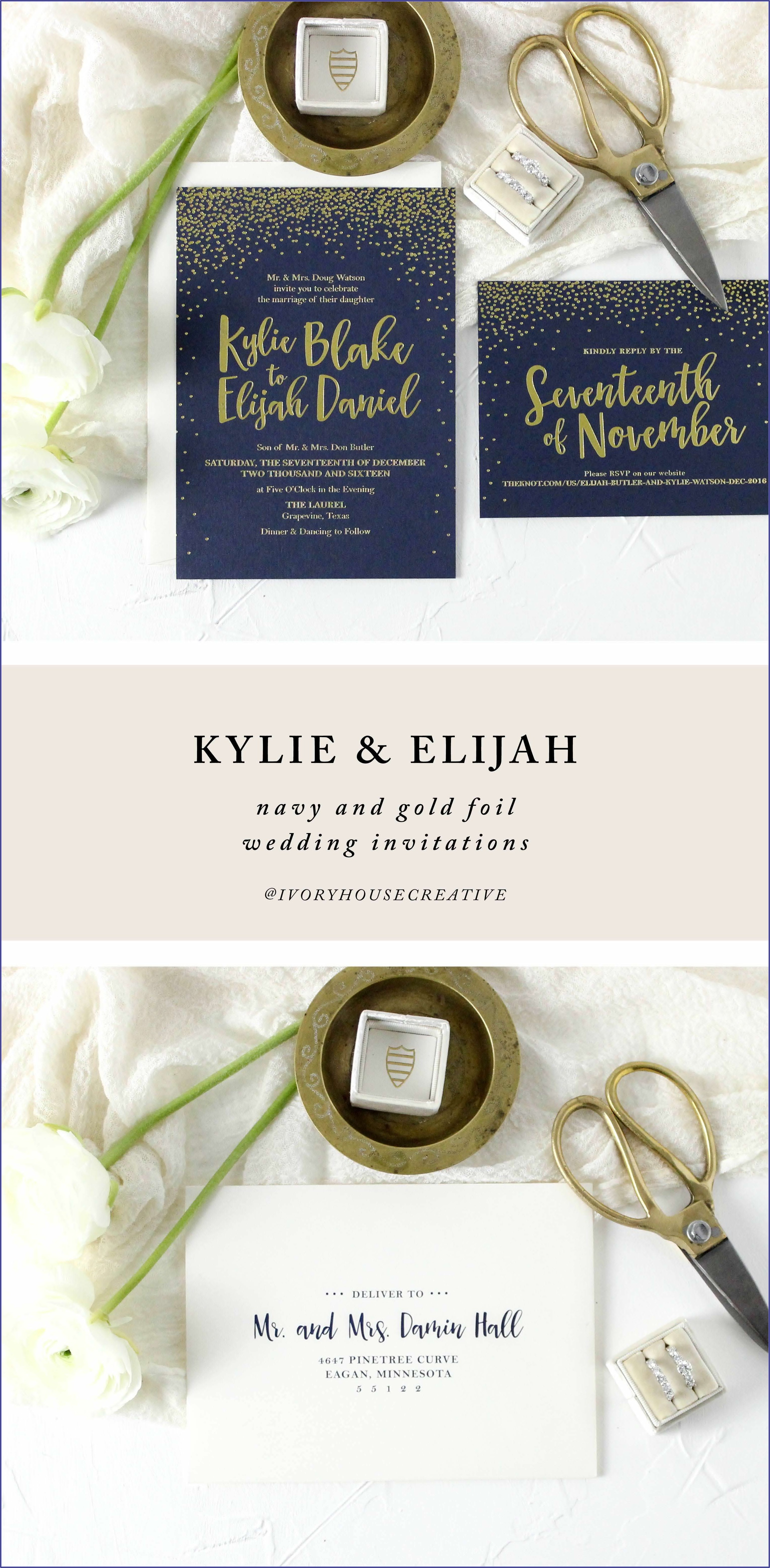 Navy And Gold Foil Wedding Invitations