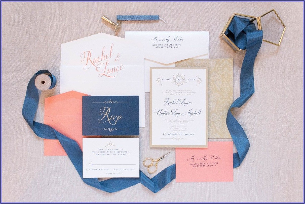 Navy Coral And Gold Wedding Invitations