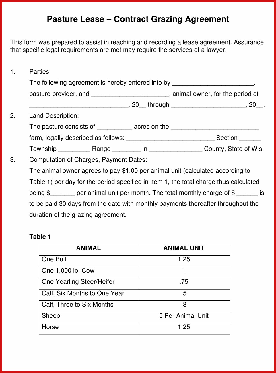 Pasture Grazing Lease Agreement Template