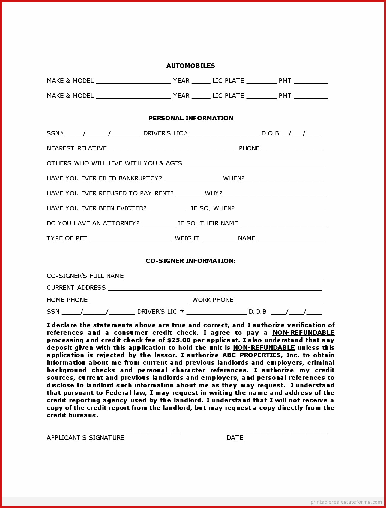 Printable Blank Rental Agreement Form