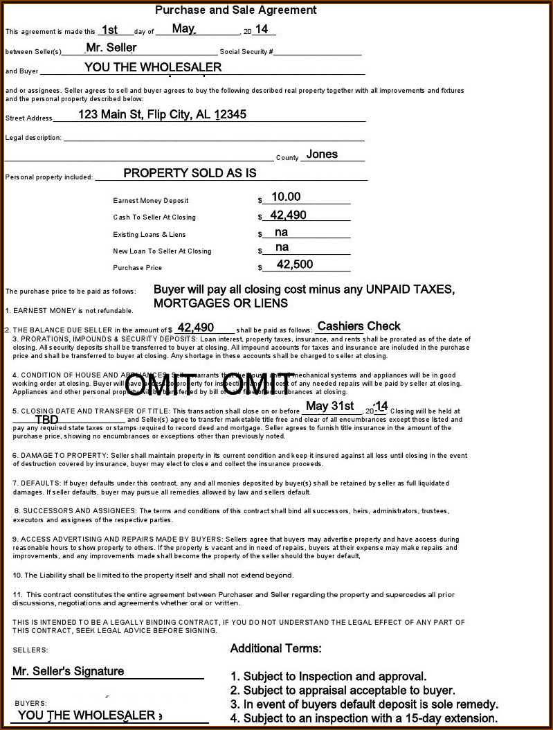 Real Estate Wholesale Contract Template Pdf