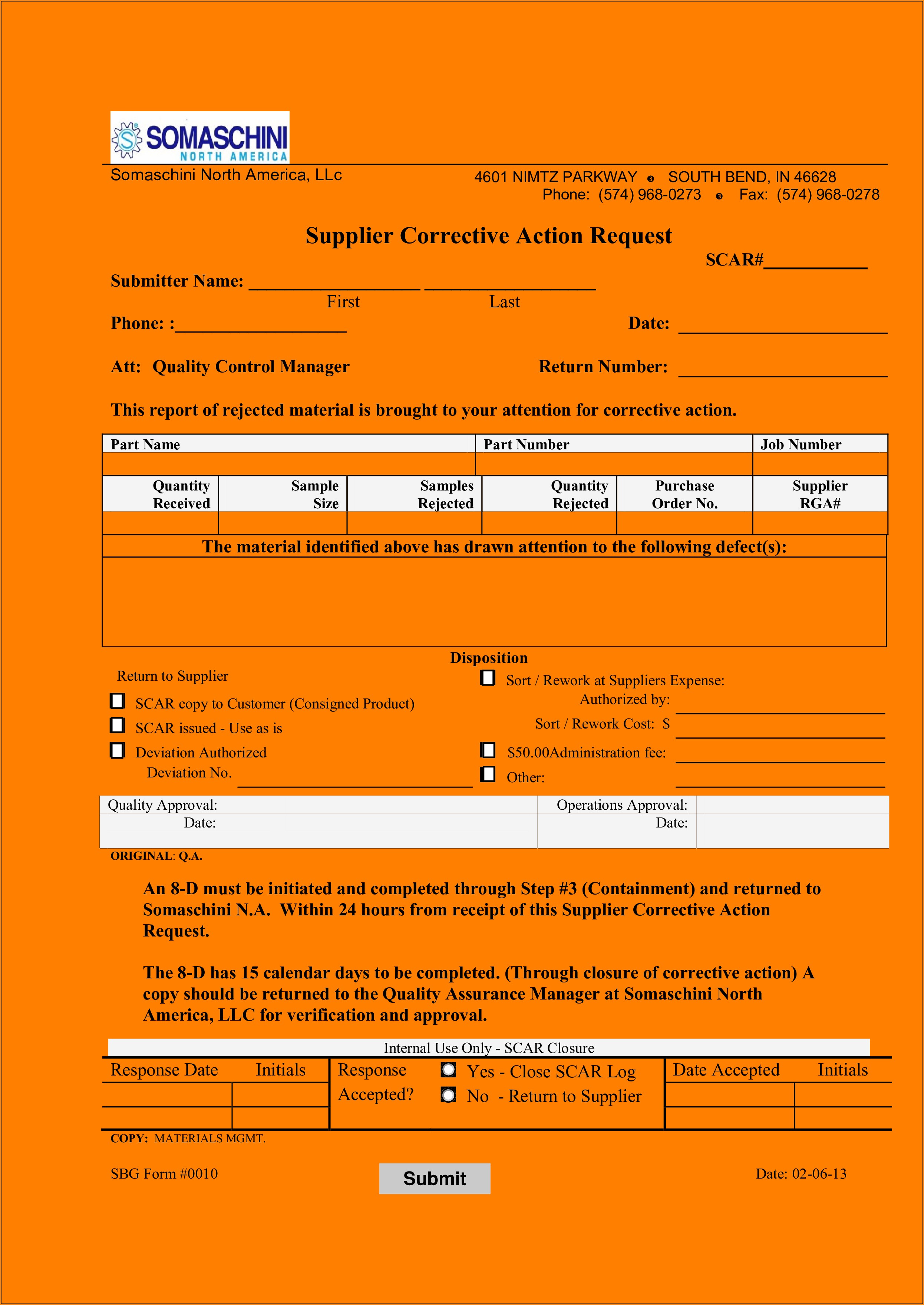 Scar Supplier Corrective Action Request Form