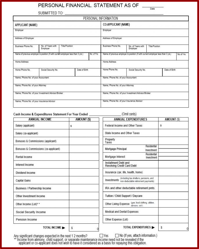 Simple Personal Financial Statement Template Excel