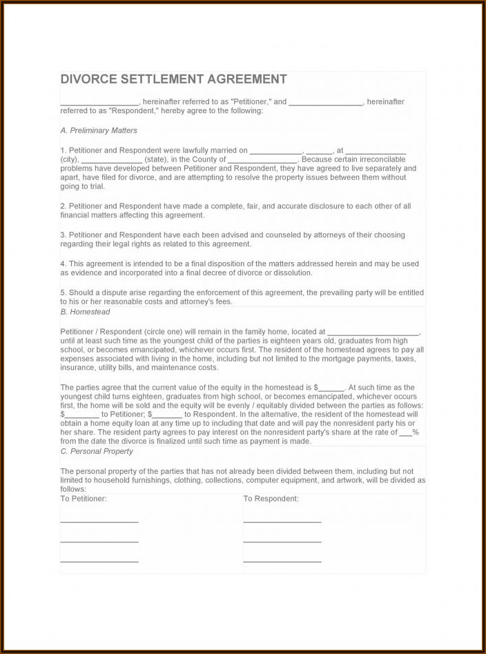 Template For Property Settlement Agreement