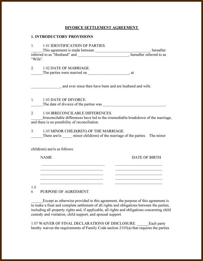 Template For Settlement Agreement Divorce