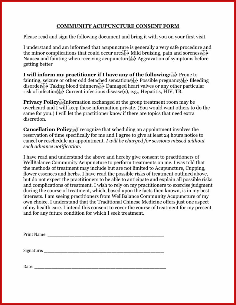 Veterinary Acupuncture Consent Form