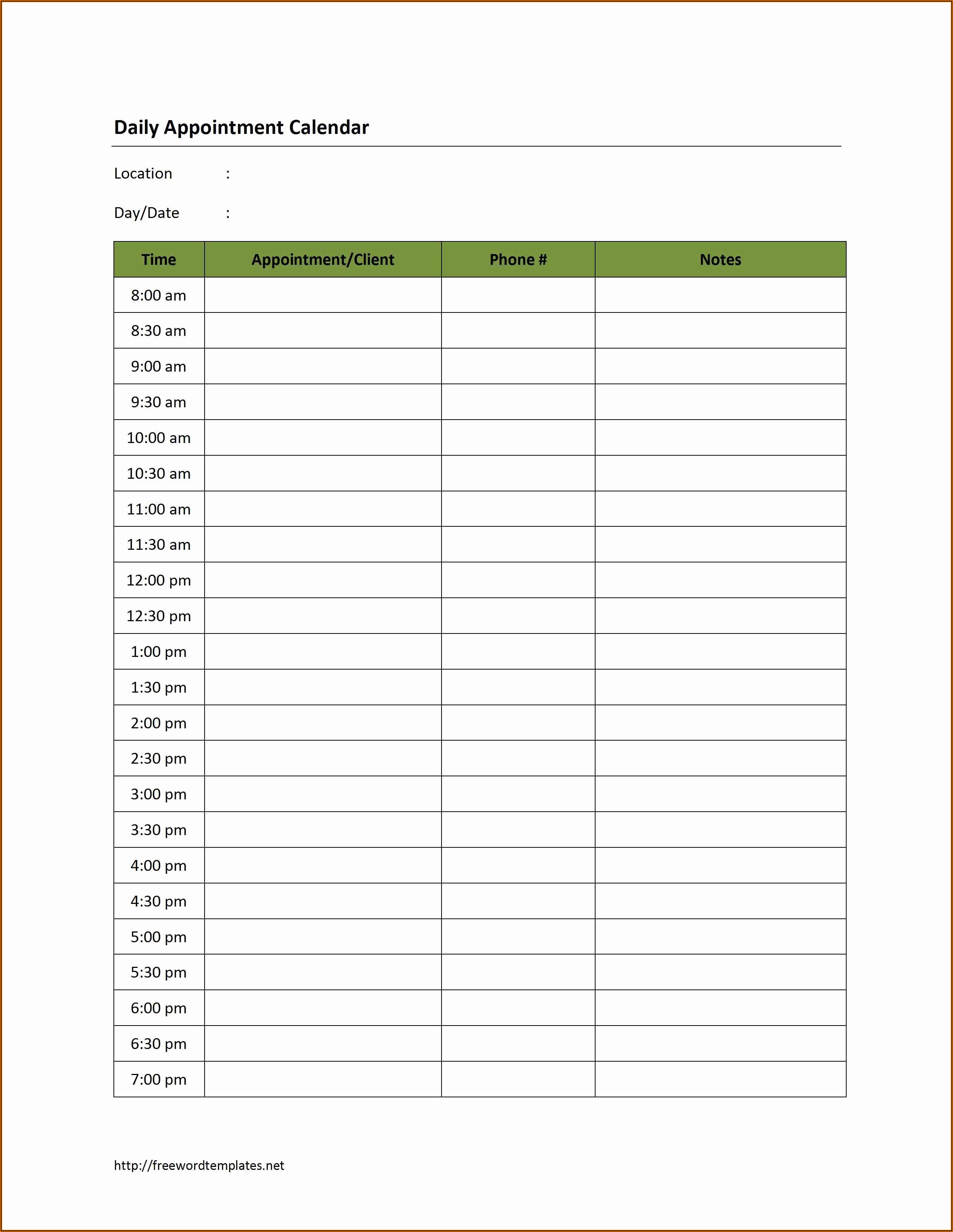Daily Appointment Calendar Template 2020