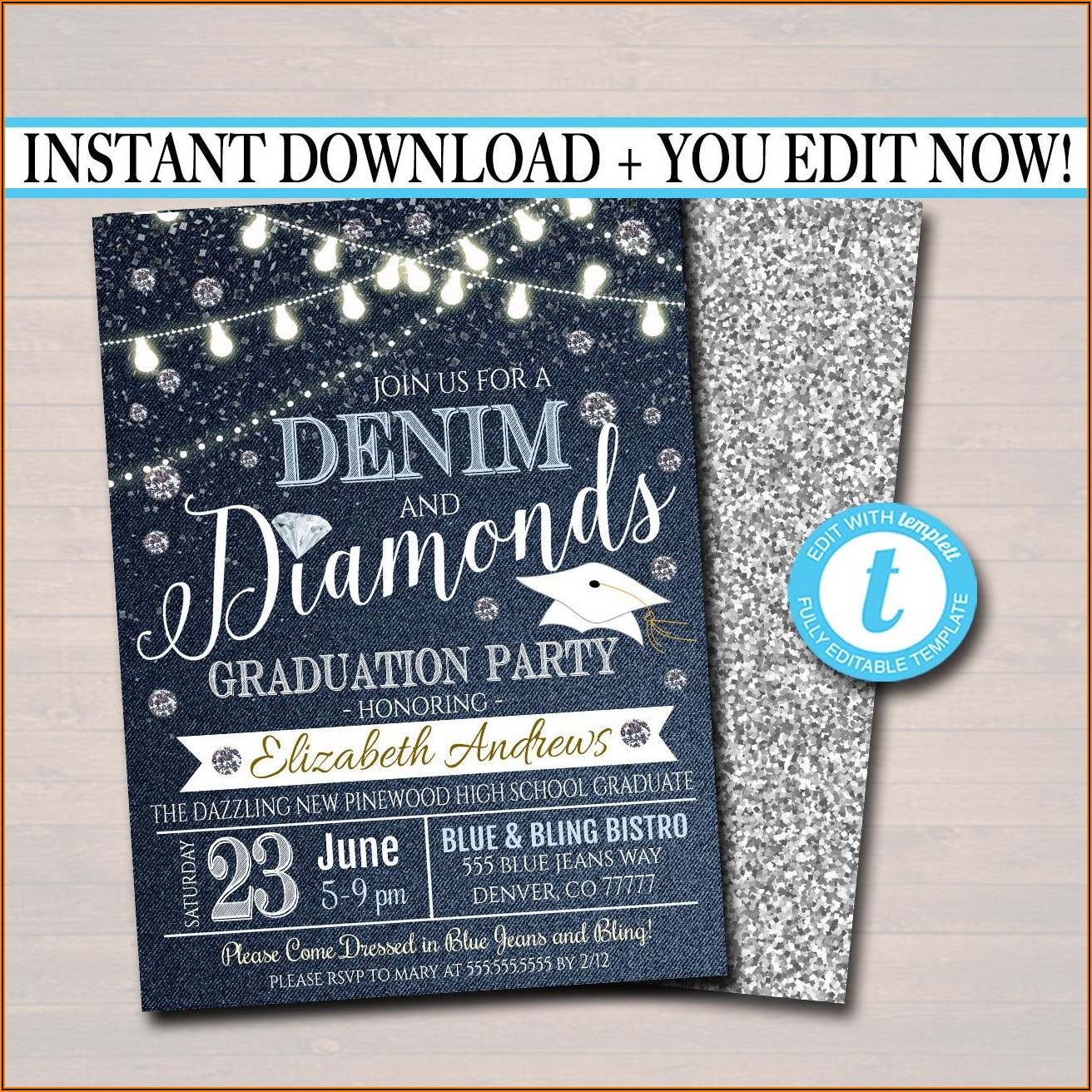 Denim And Diamonds Graduation Invitations