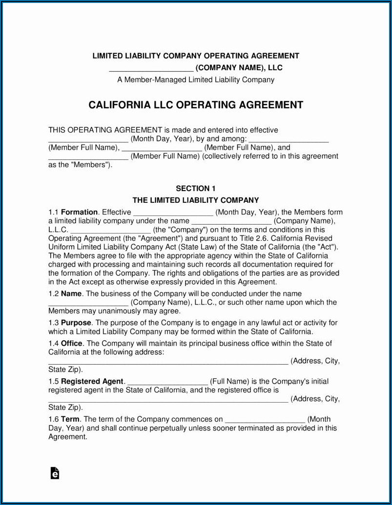 Llc Operating Agreement Template California Free