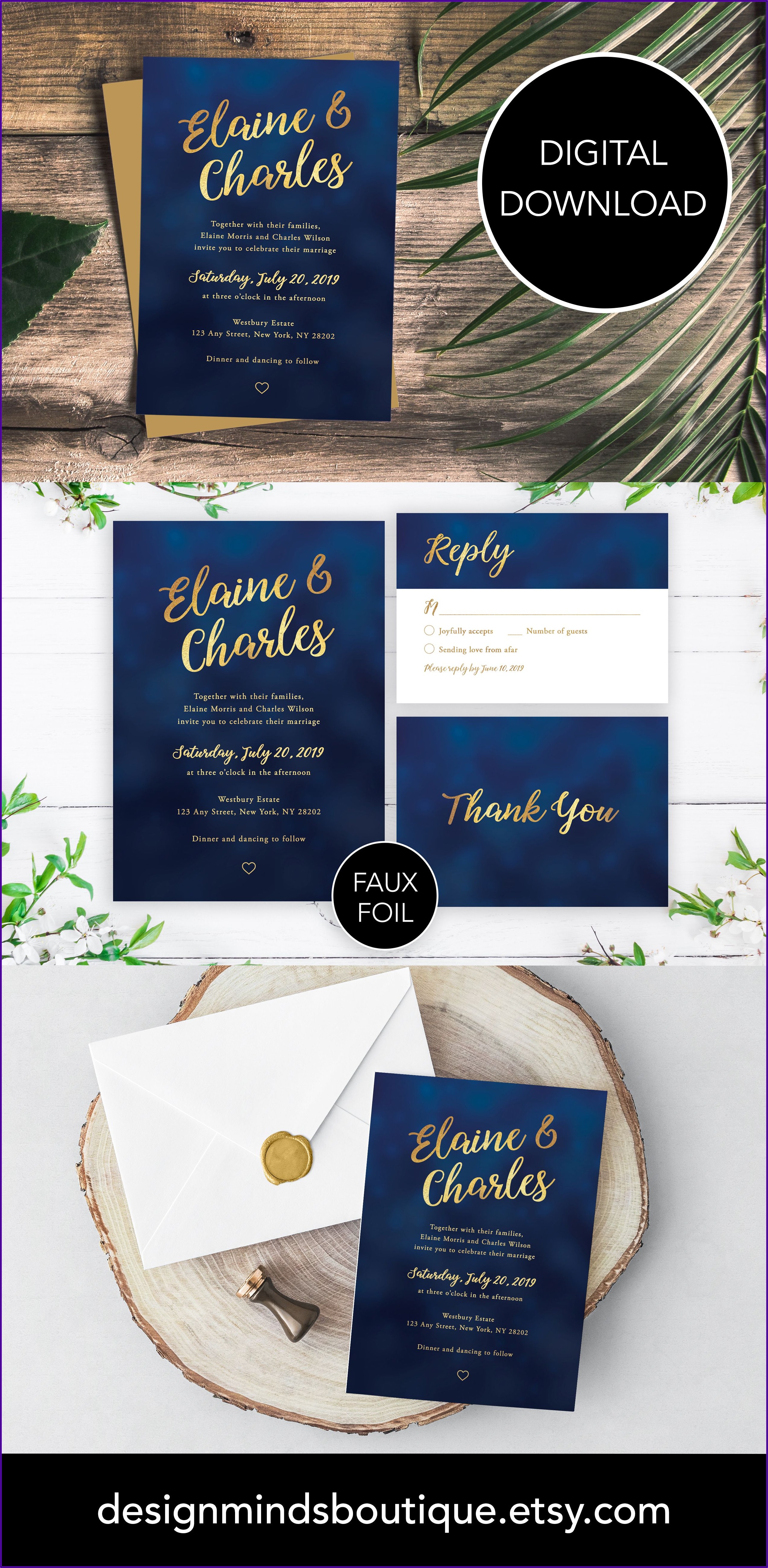 Navy And Gold Wedding Invitation Template