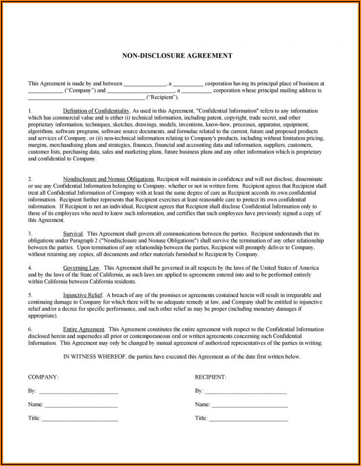 Non Disclosure Confidentiality Agreement Free Template