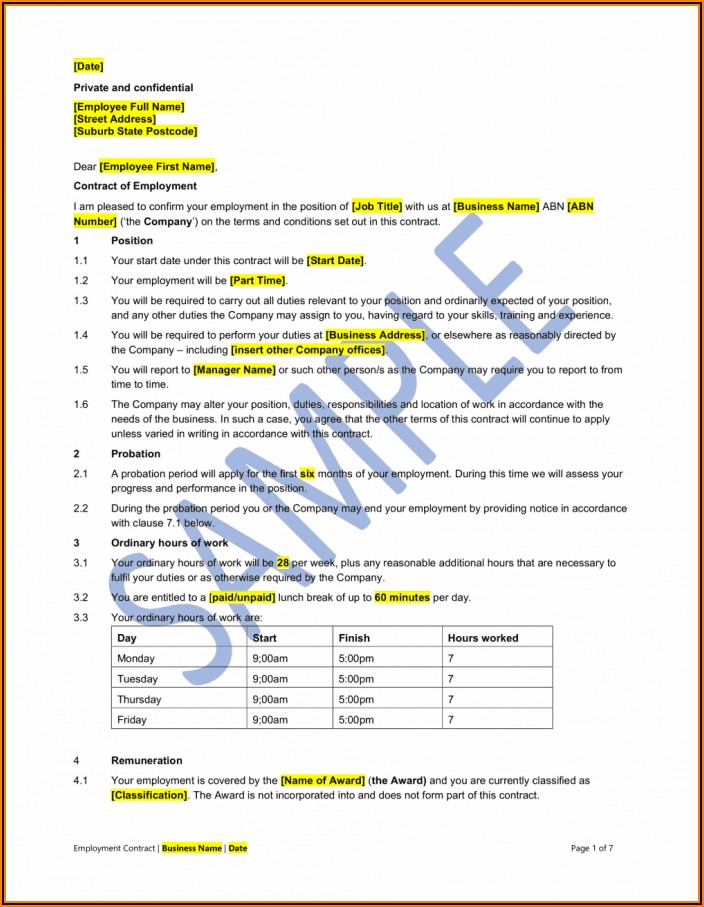 Part Time Employment Contract Template Free Uk