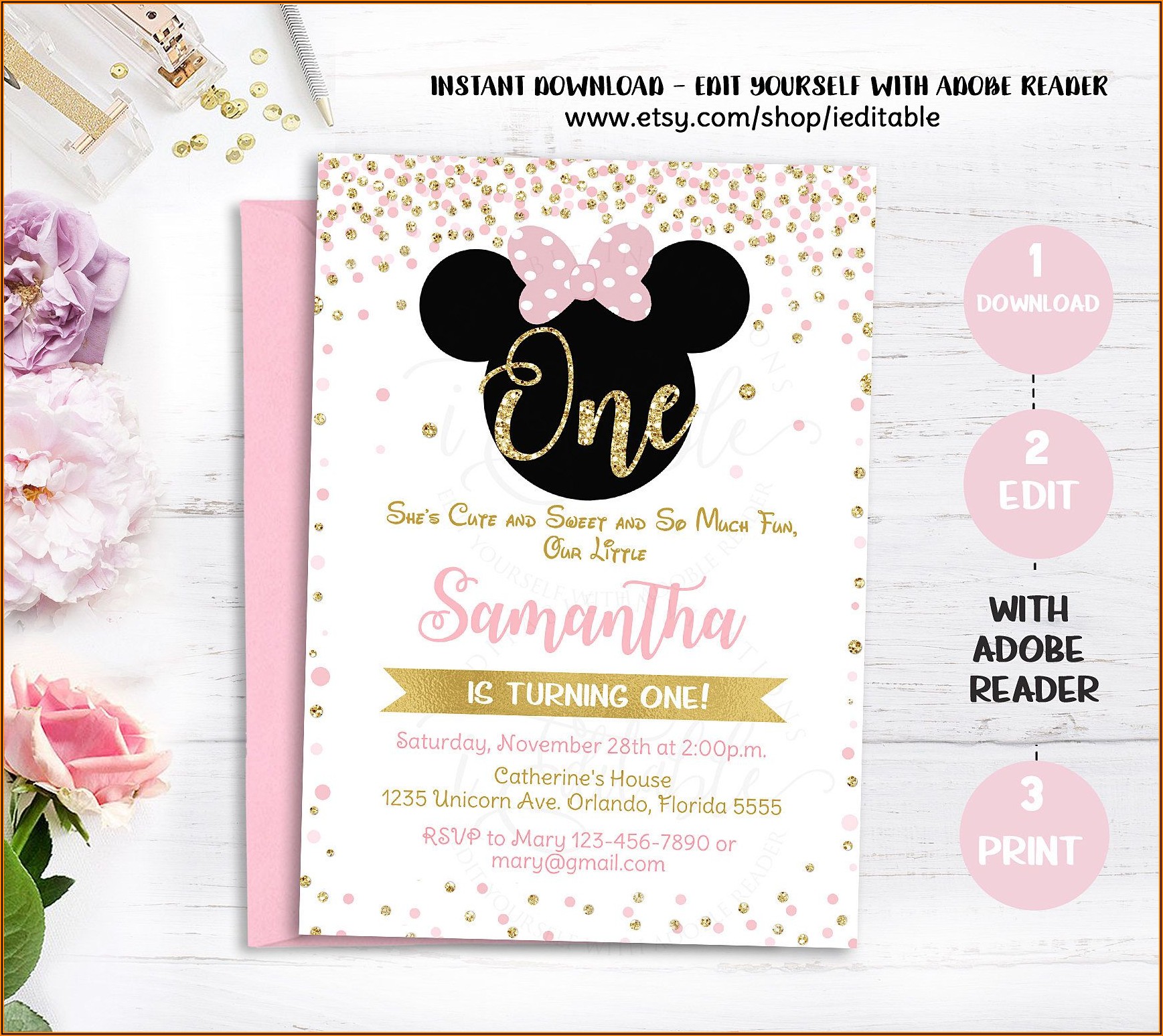 Pink And Gold Minnie Mouse Birthday Invitations