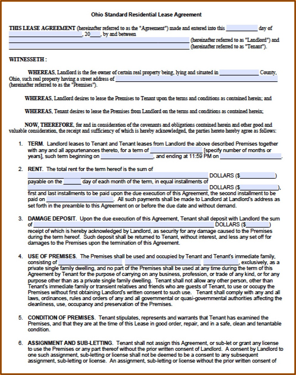 Standard Lease Agreement Template Free