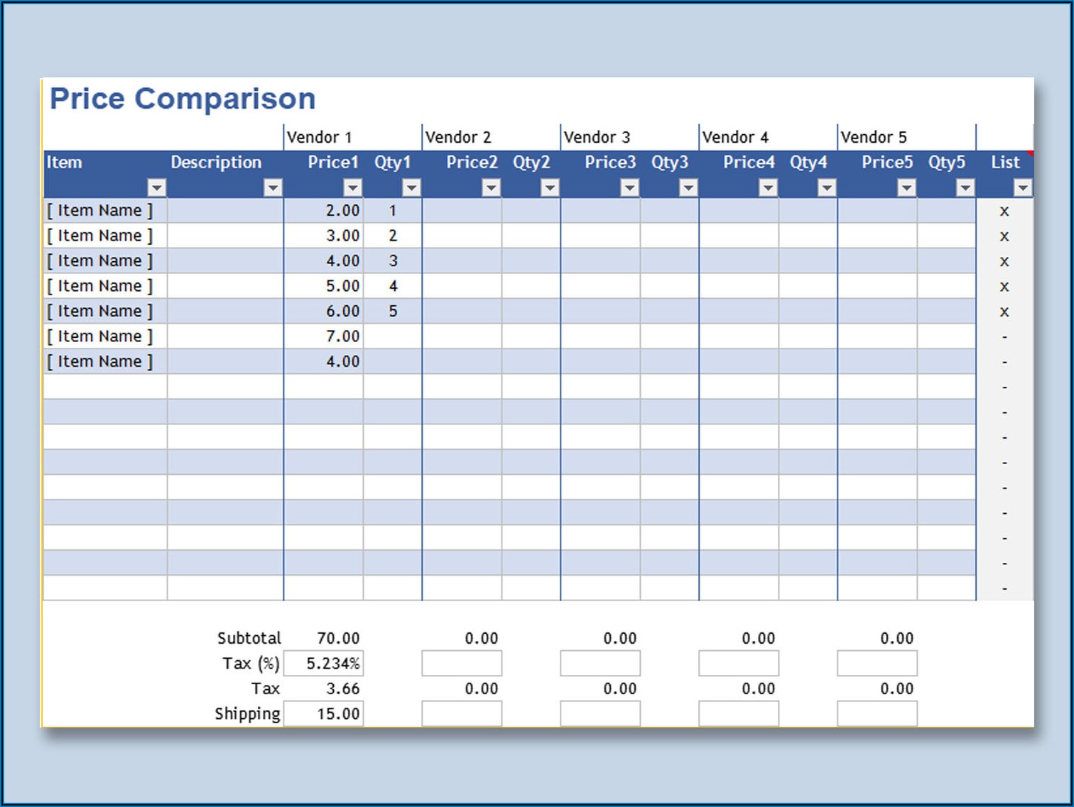 Supplier Price List Template Excel