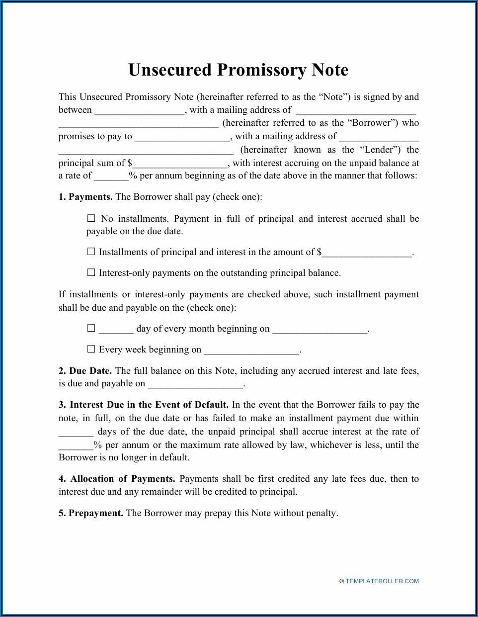 Unsecured Promissory Note Template Washington State