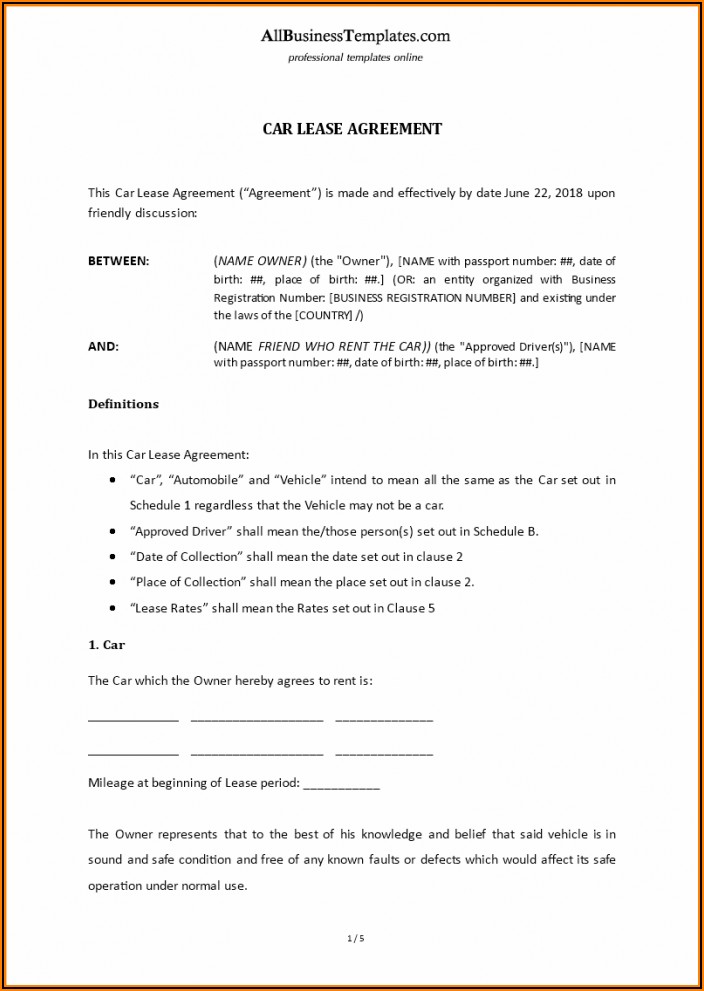 Vehicle Lease Agreement Contract Template