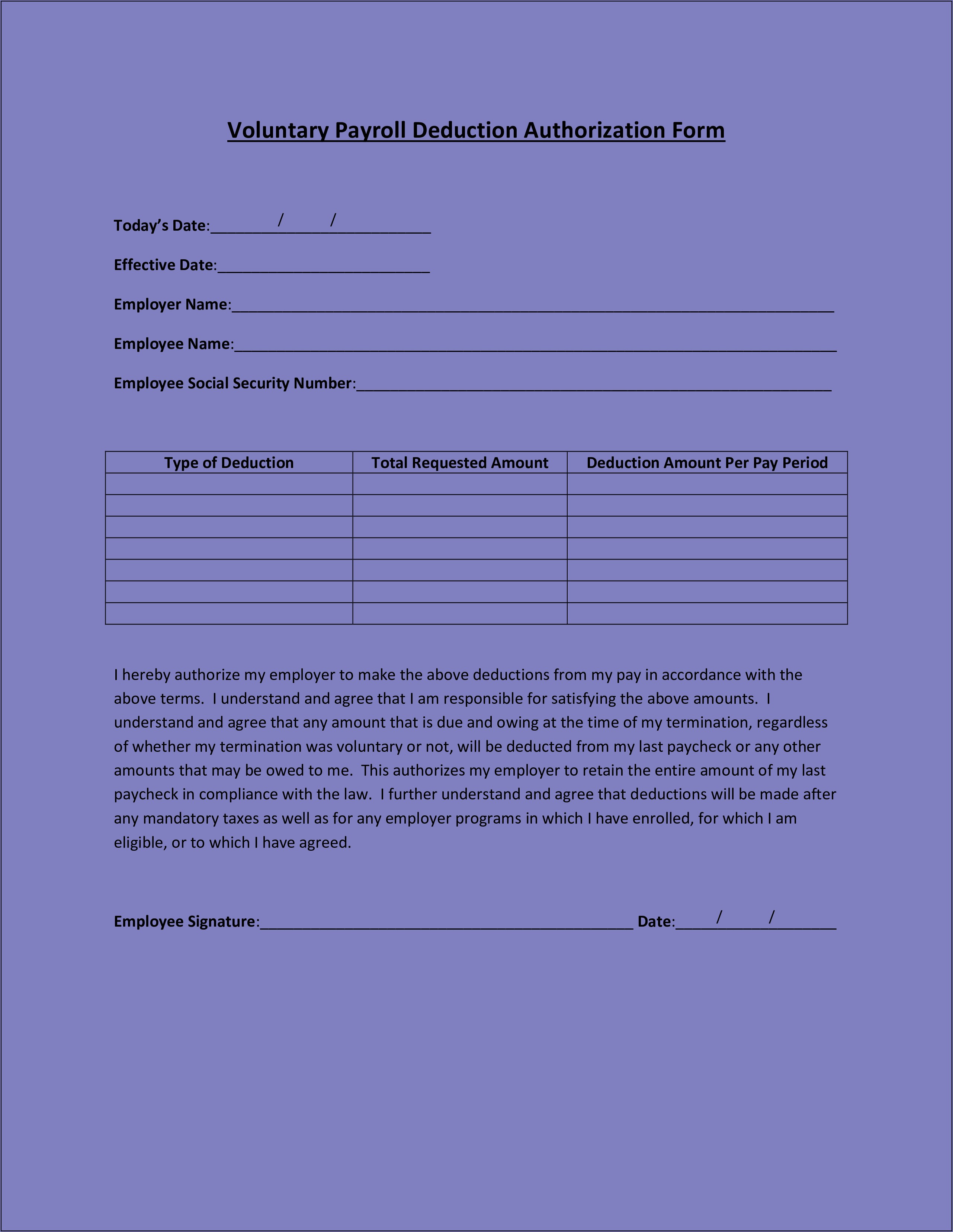 Voluntary Payroll Deduction Form Template