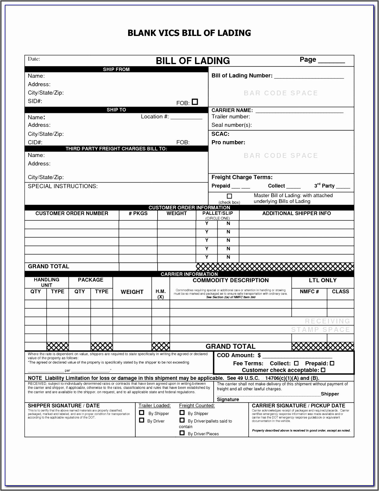 Bill Of Lading Short Form Not Negotiable Template