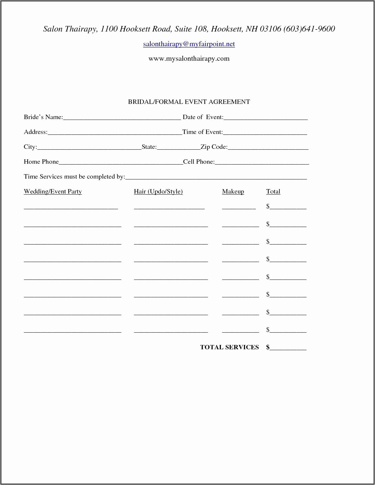 Bridal Contract Template For Hair
