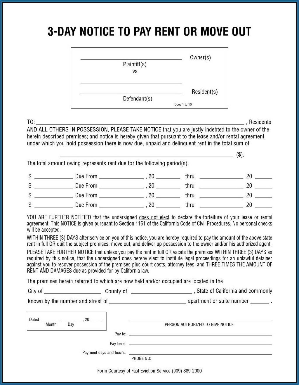 Ca 30 Day Eviction Notice Form
