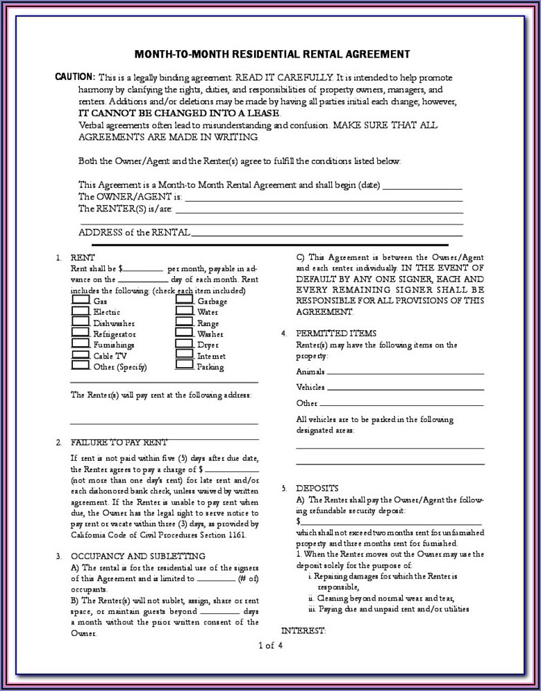 California Residential Lease Or Month To Month Rental Agreement Form (fillable Pdf)