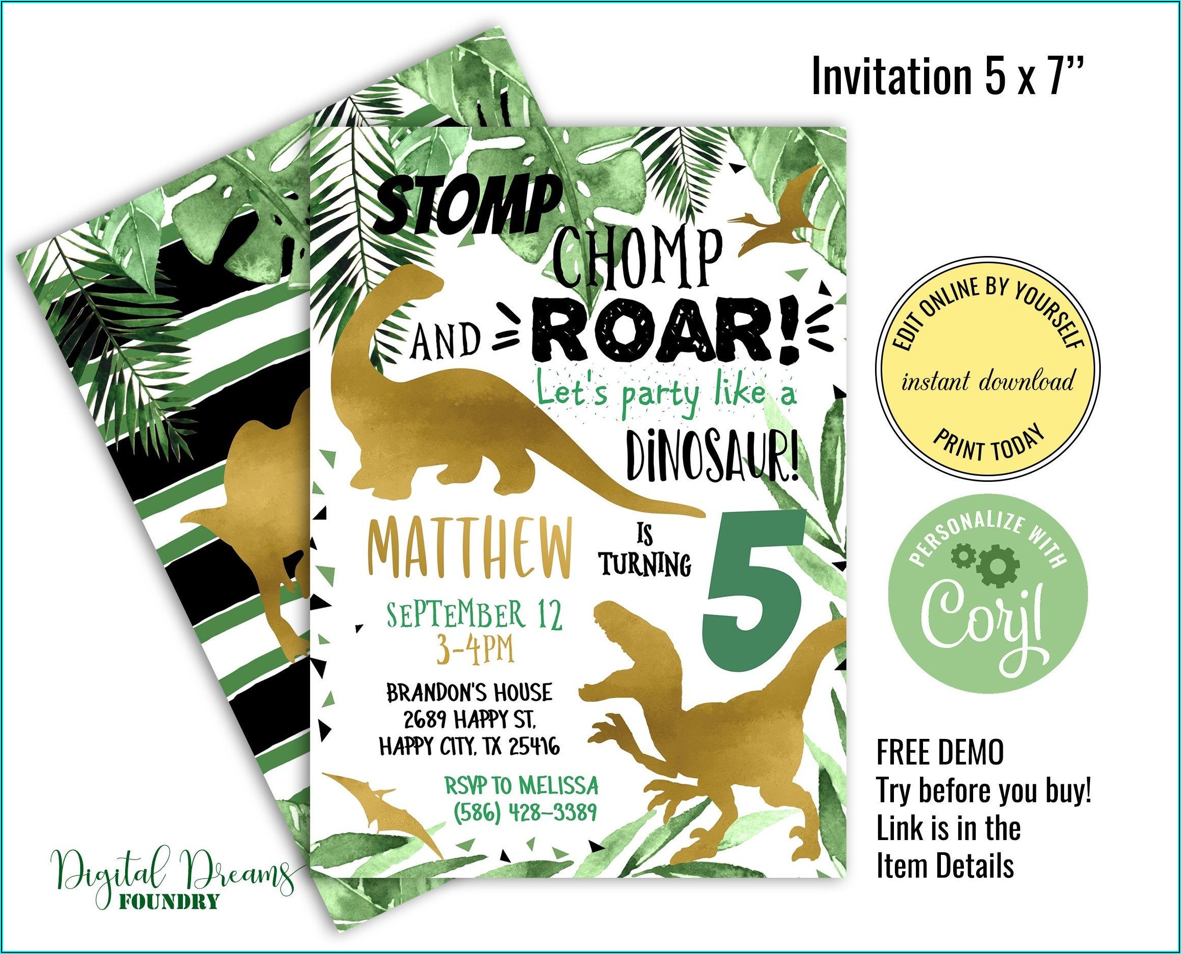Editable Dinosaur Invitation Template