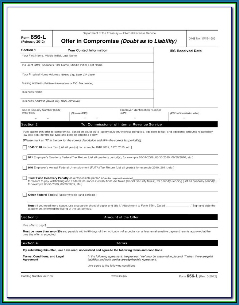 Form 656 L Offer In Compromise (doubt As To Liability)