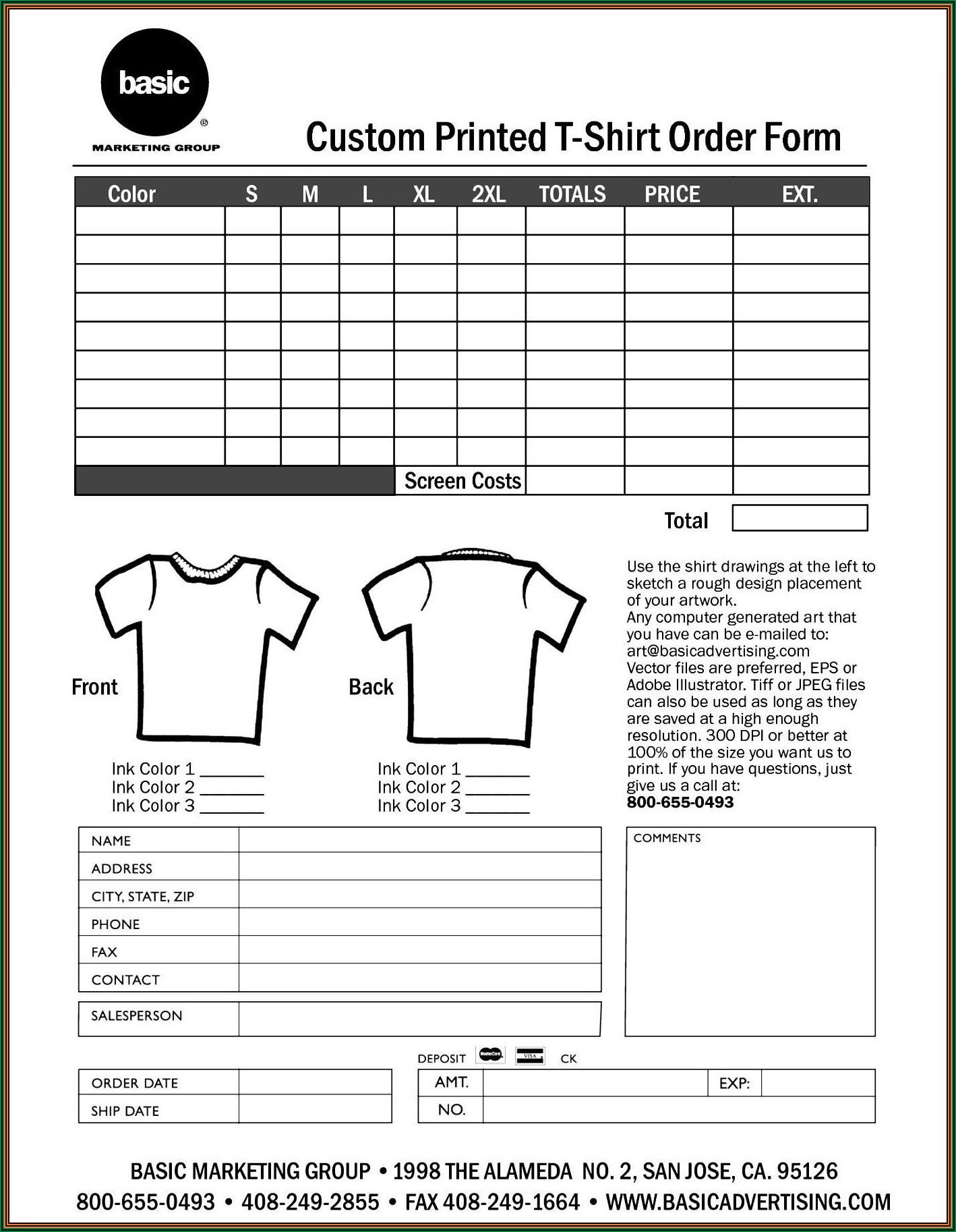 Free Customizable T Shirt Order Form