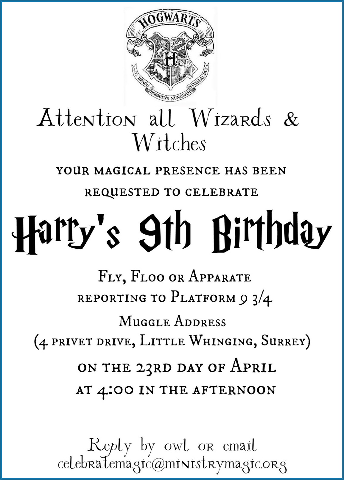 Harry Potter Birthday Party Invitations Printable Free