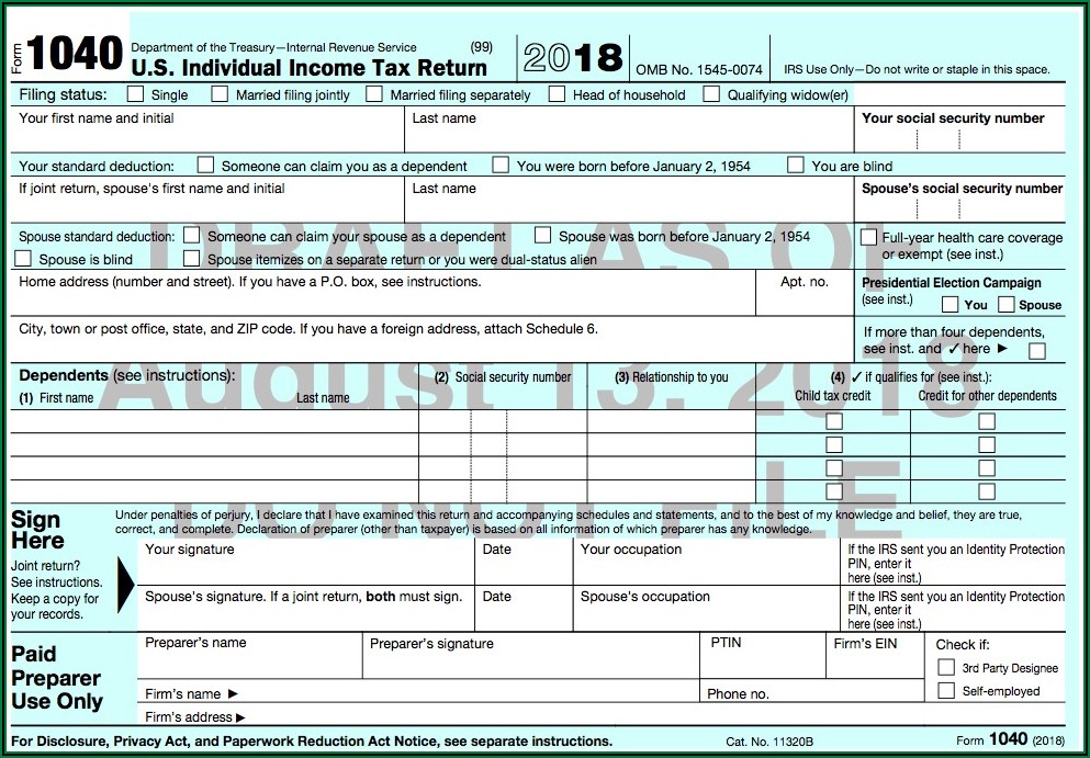 Irs Printable 1040 Tax Form 2018