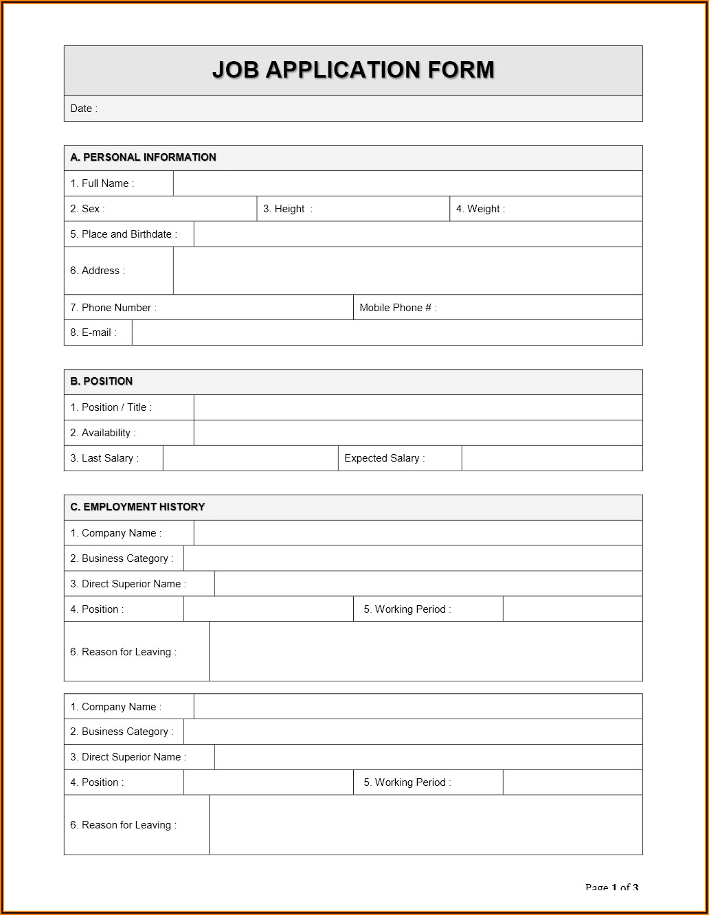 Job Application Form Template Word Free Download