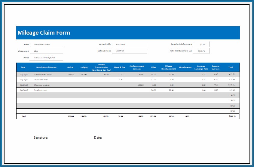 Mileage Claim Form Template Excel