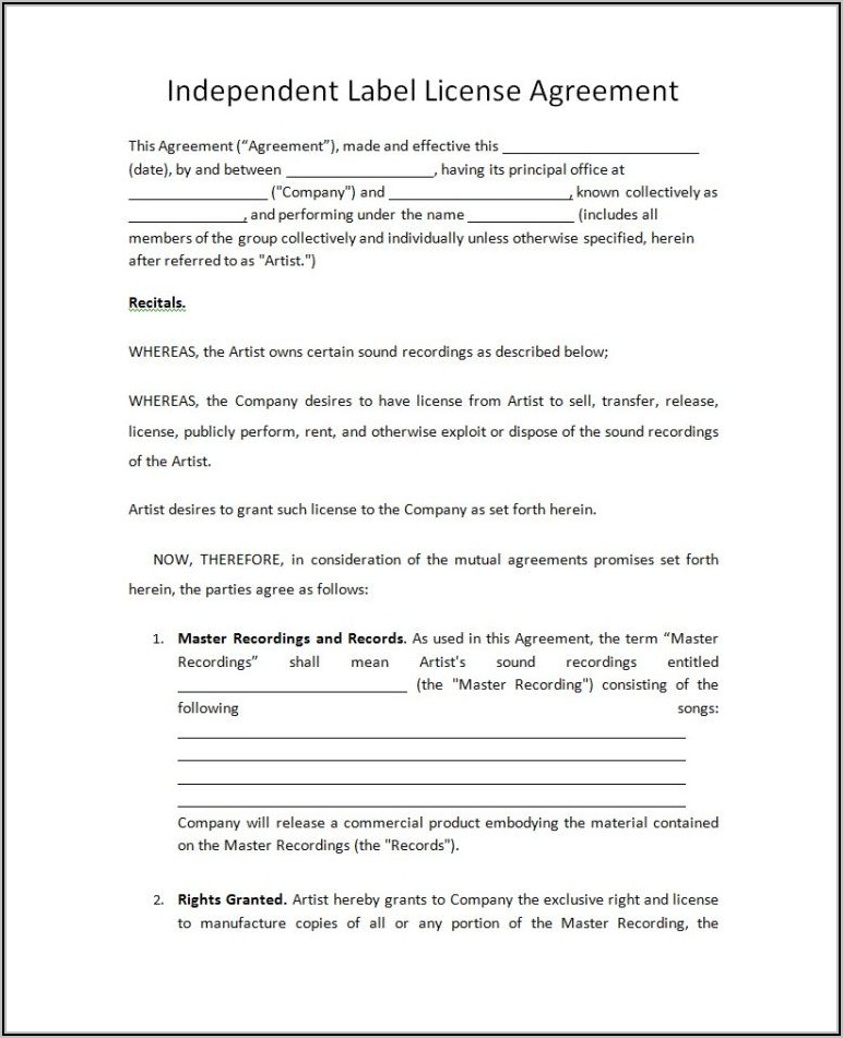 Music License Agreement Template Free