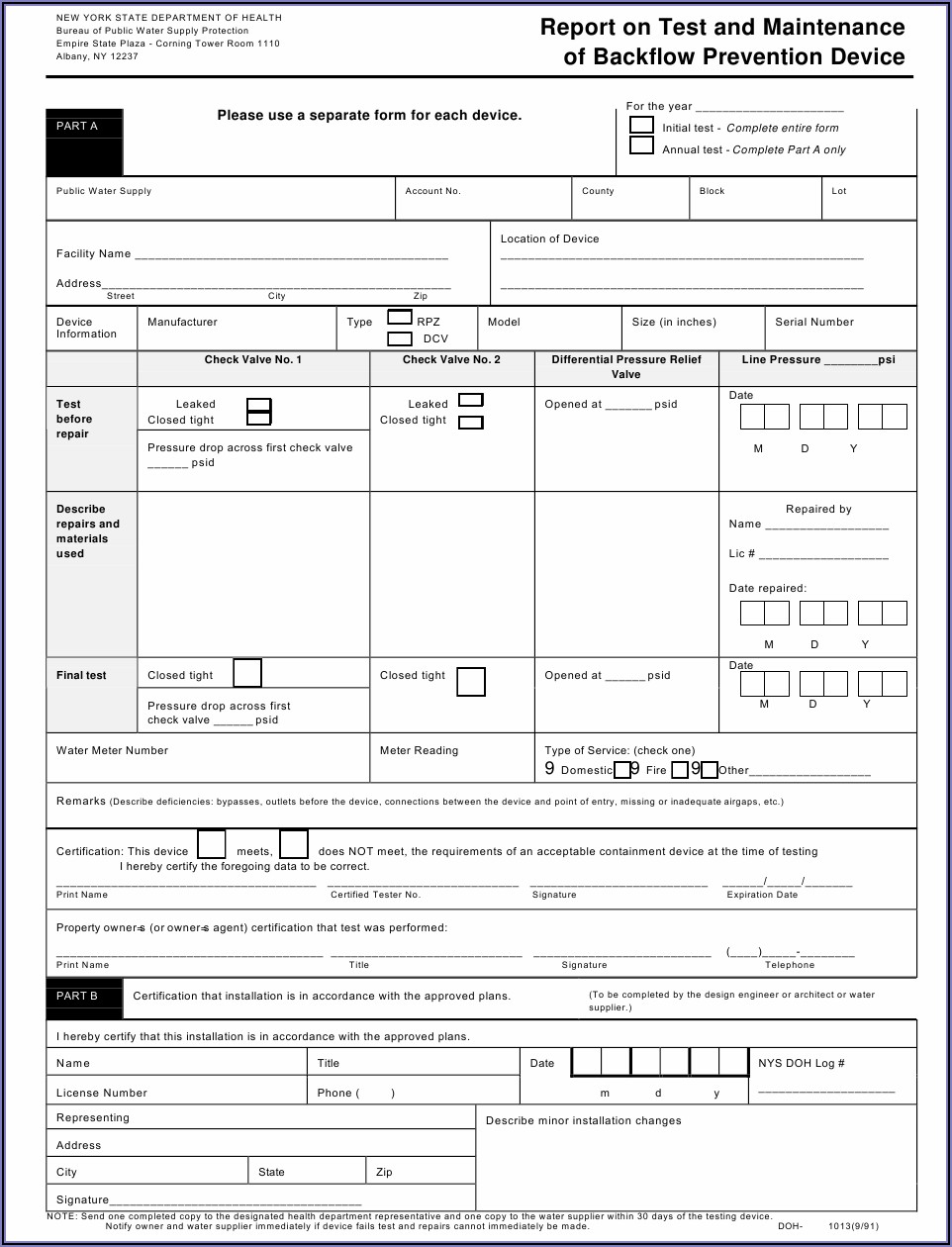 Nys Backflow Test Form