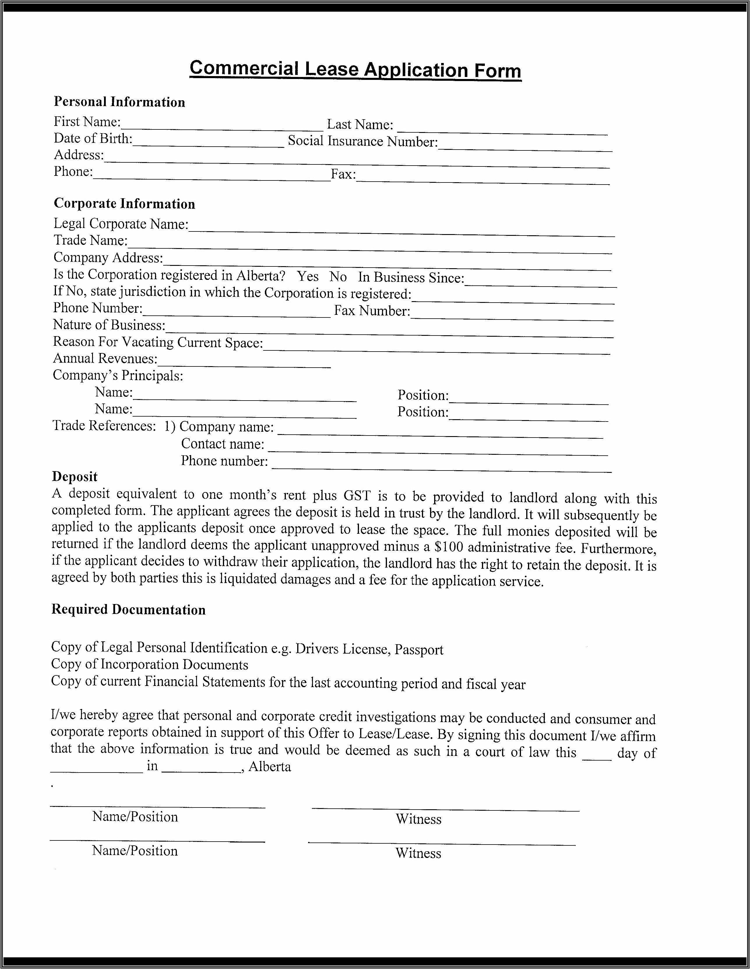 Printable Commercial Rental Application Form