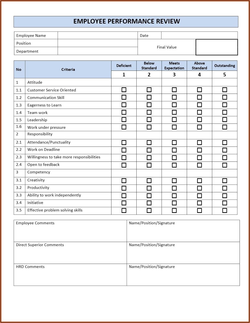 Printable Receptionist Evaluation Form