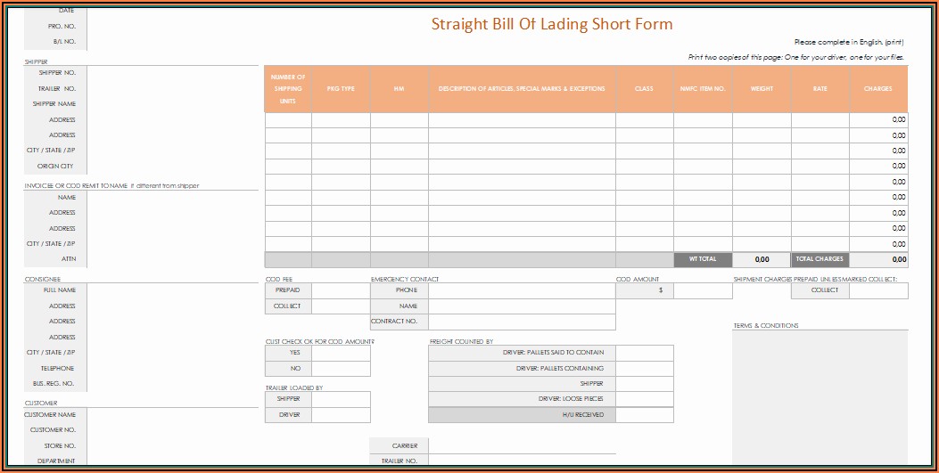Printable Straight Bill Of Lading Short Form