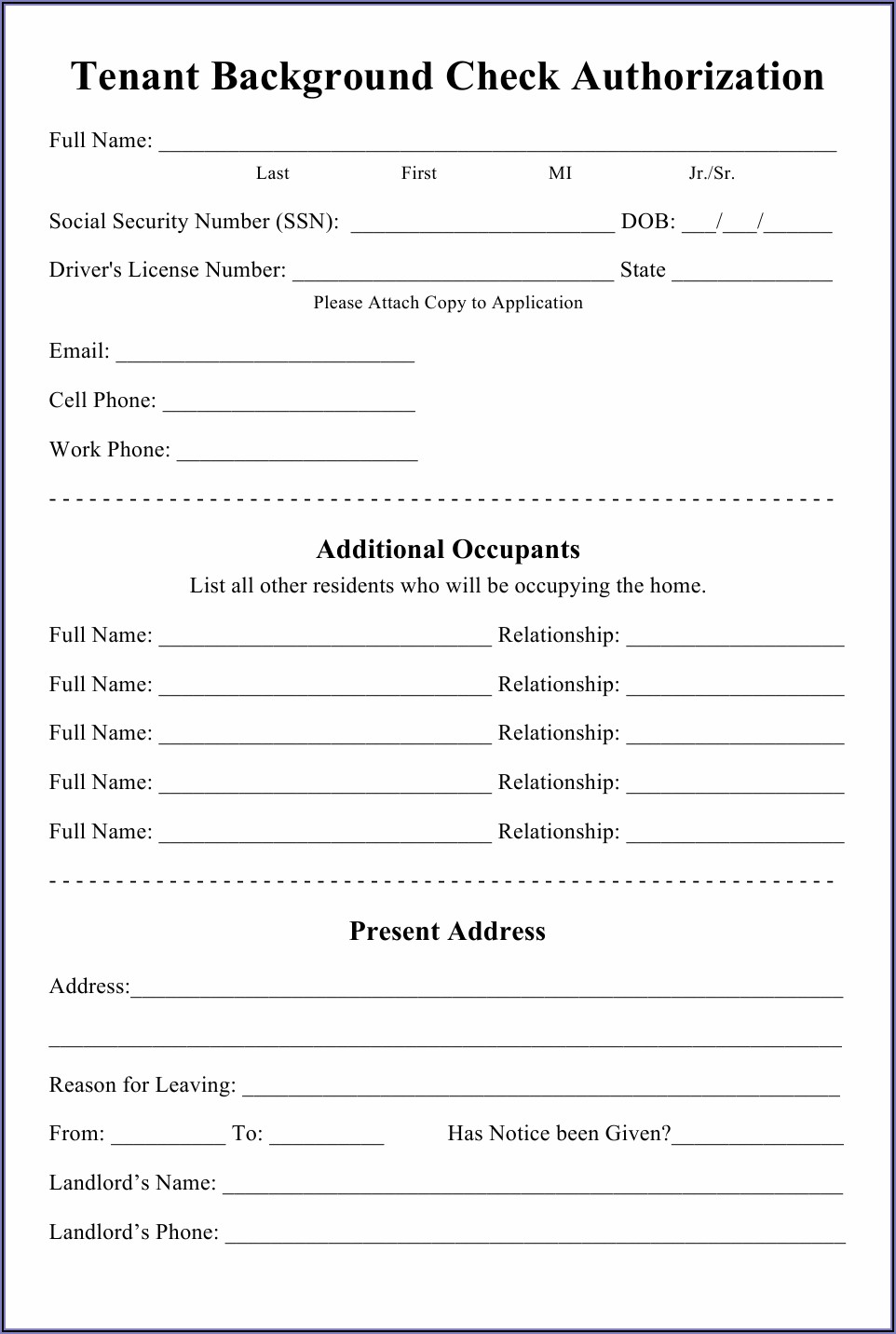 Printable Tenant Background Check Form