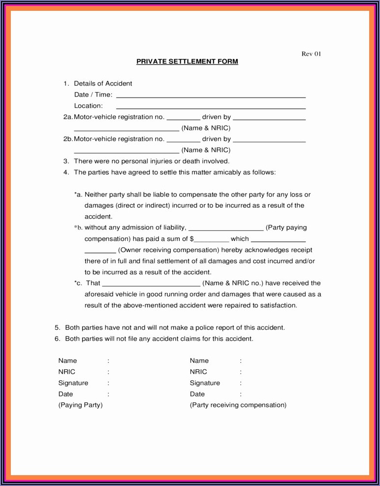 Private Party Car Accident Settlement Form