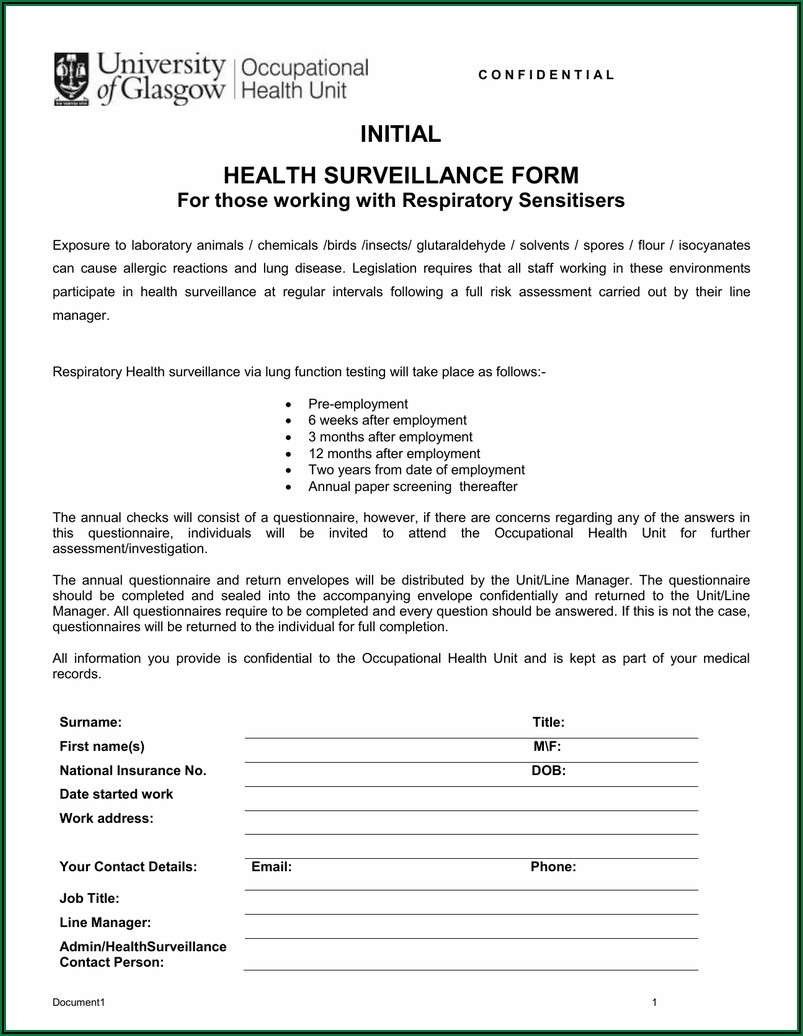 Respirator Health Screening Form