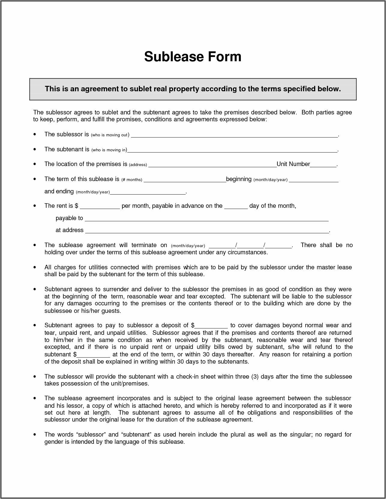 Sublet Room Agreement Uk Template